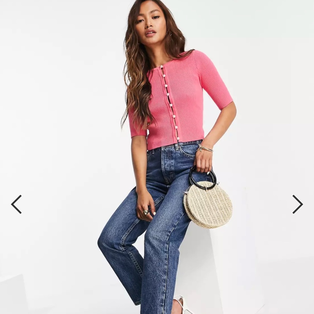 ASOS Glamorous Button Front Pink Ribbed Cardigan Size 4/Small - Picture 3 of 3